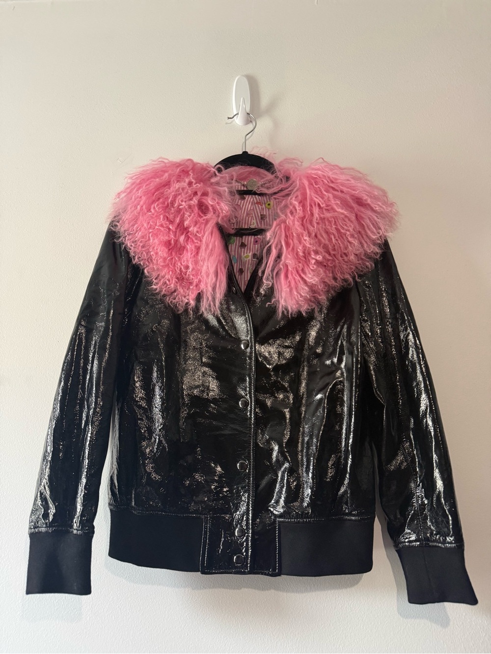Charlotte Simone PATENT leather + lamb fur BOMBER jacket NWOT